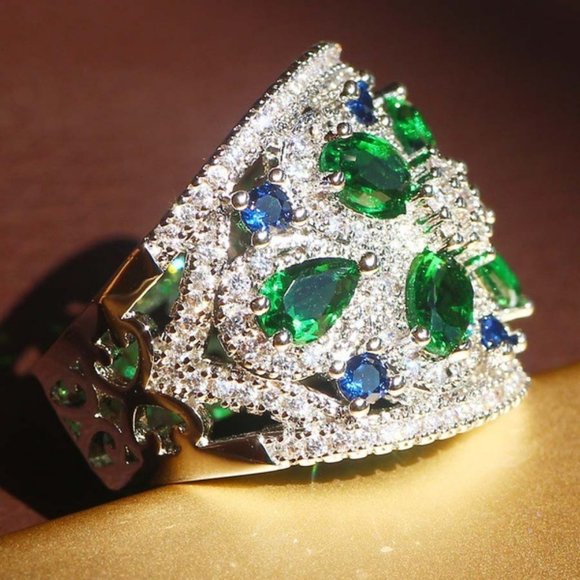 NEW Silver Emerald Sapphire Diamond Wide Band Ring - Picture 6 of 7